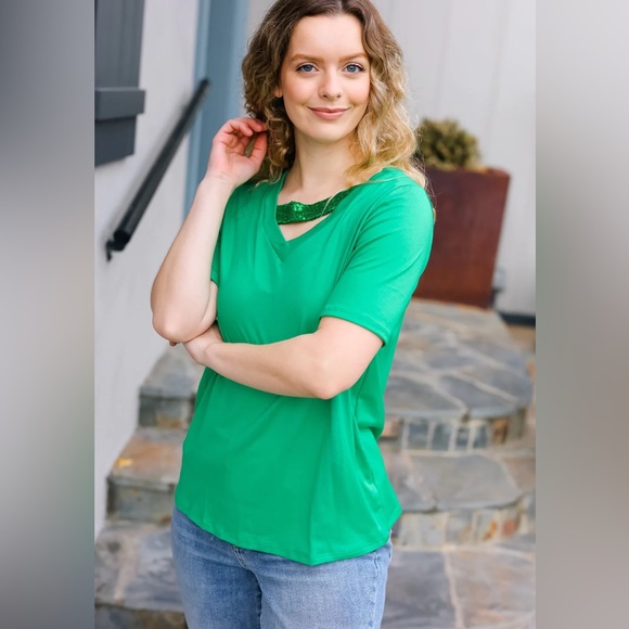 Women’s Asymmetrical Sequins Banded V-Neck Buttery Soft Green Top, short sleeve - Picture 4 of 8